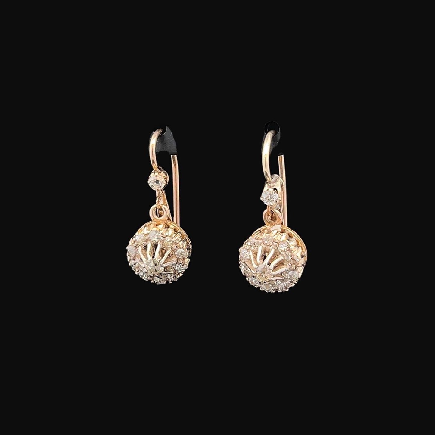 Antique Continental Old Mine Cut Diamond Gold Cluster Drop Earrings. 14/15ct Gold. Circa 1890 /1900