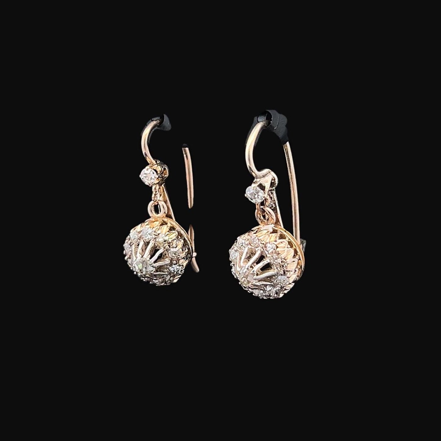 Antique Continental Old Mine Cut Diamond Gold Cluster Drop Earrings. 14/15ct Gold. Circa 1890 /1900