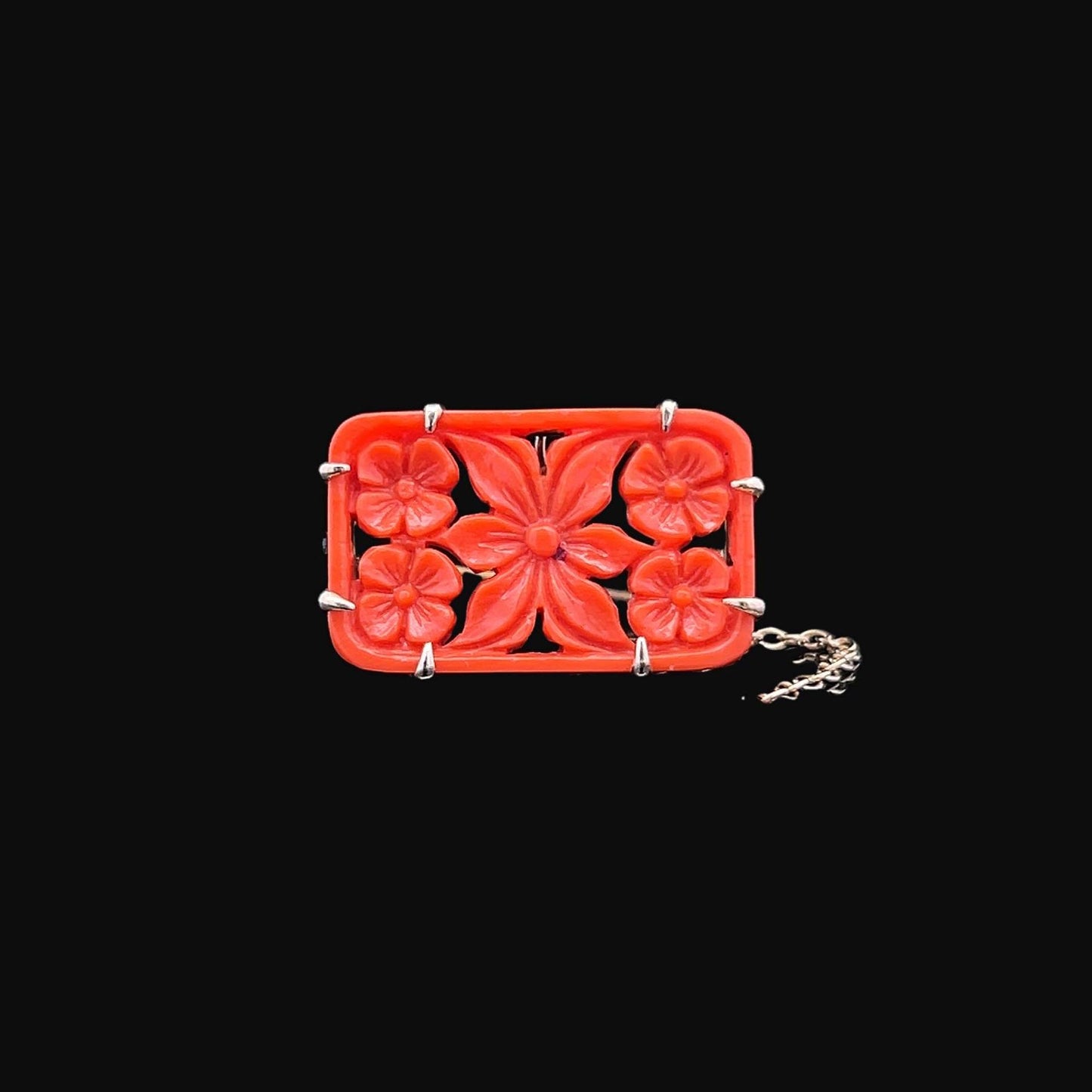 Antique Art Deco Carved Coral Brooch. 9ct Rose Gold. Circa 1920.
