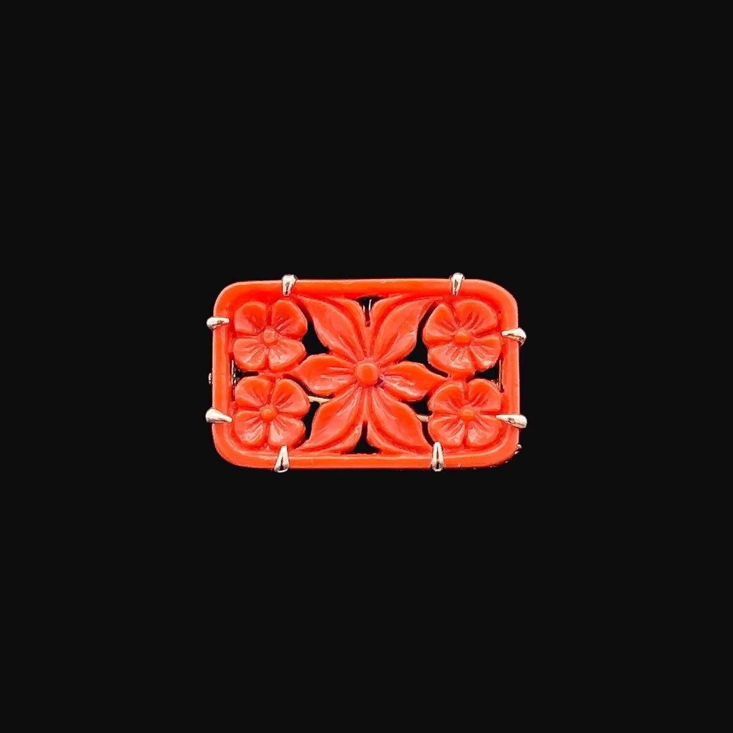 Antique Art Deco Carved Coral Brooch. 9ct Rose Gold. Circa 1920.