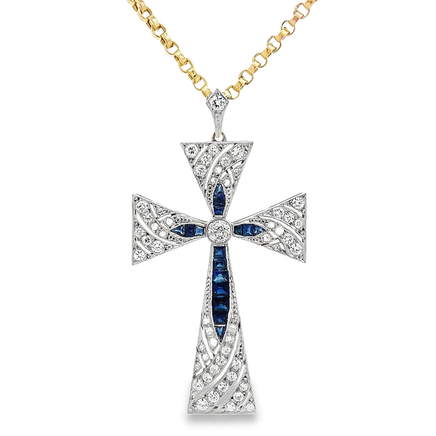 Beautiful Antique French Import Early 20th Century 18ct Gold & Platinum Cross, Diamonds and Calibre Sapphires. Cased. French C 1900.  5cm.