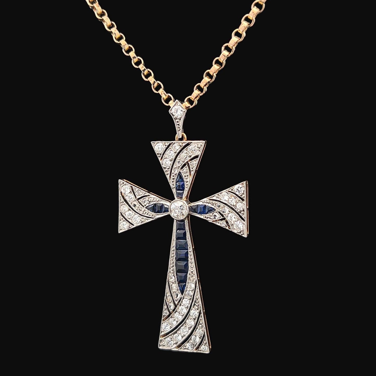 Beautiful Antique French Import Early 20th Century 18ct Gold & Platinum Cross, Diamonds and Calibre Sapphires. Cased. French C 1900.  5cm.