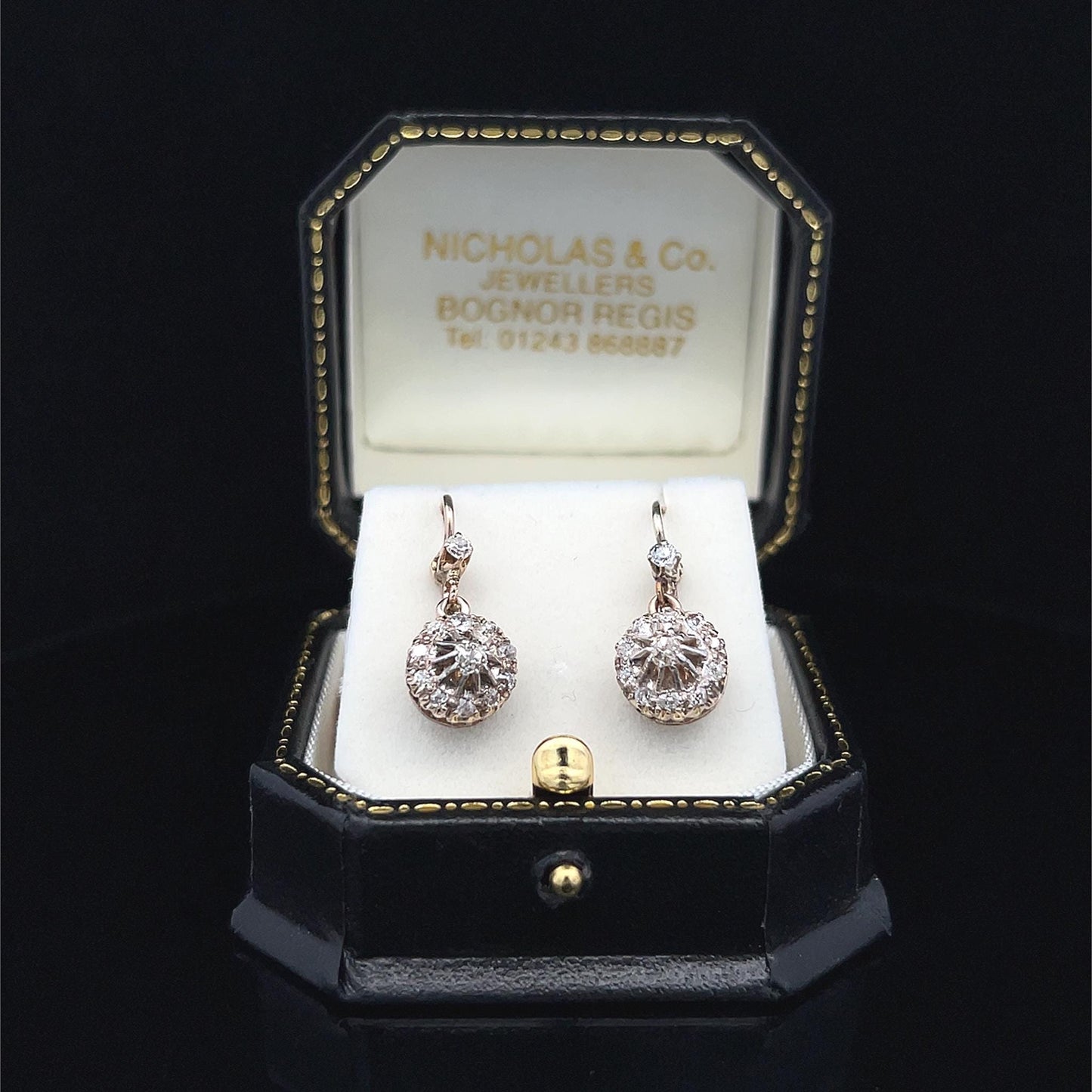 Antique Continental Old Mine Cut Diamond Gold Cluster Drop Earrings. 14/15ct Gold. Circa 1890 /1900