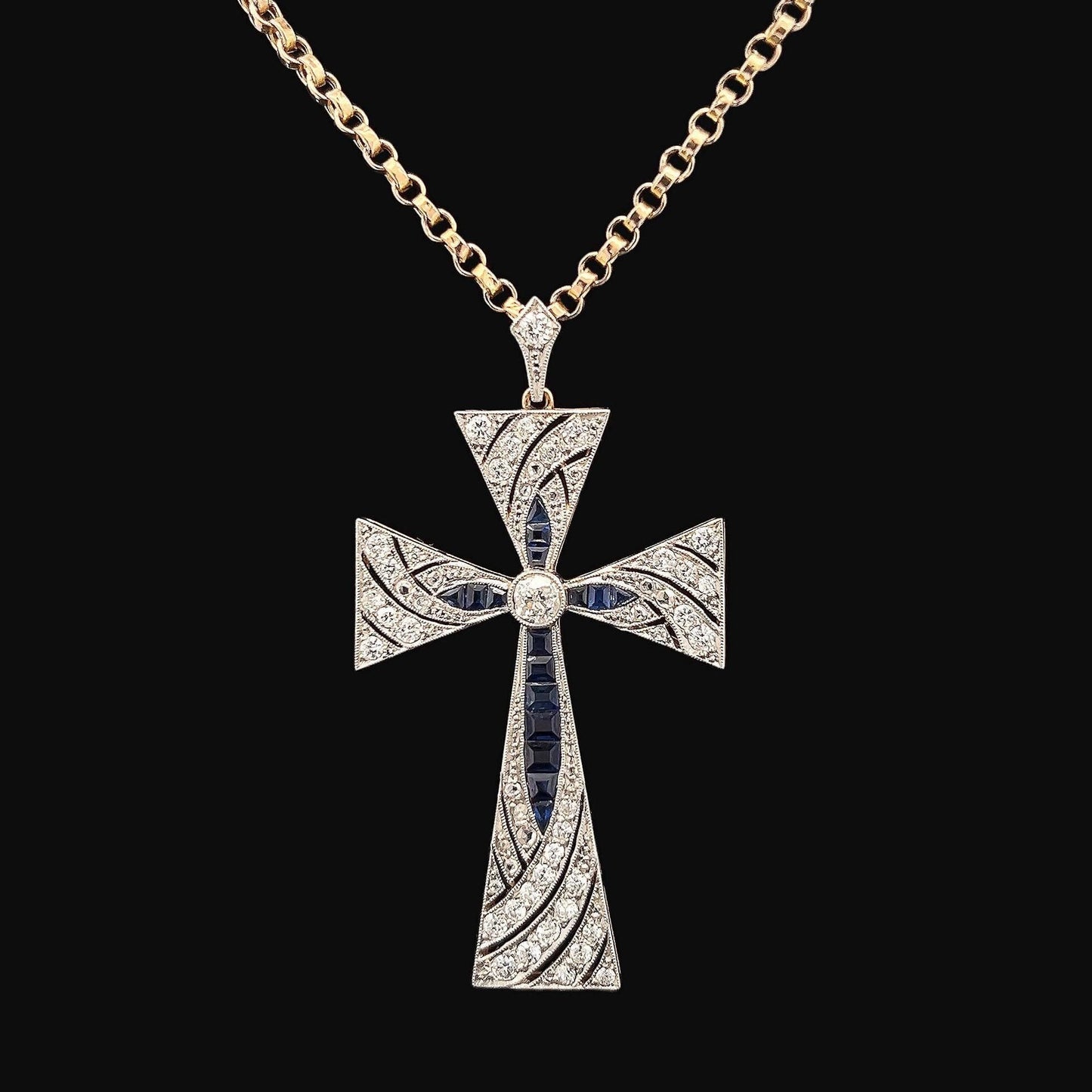 Beautiful Antique French Import Early 20th Century 18ct Gold & Platinum Cross, Diamonds and Calibre Sapphires. Cased. French C 1900.  5cm.