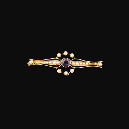 Antique Edwardian Amethyst and Natural Split Pearl 15ct Gold Brooch. Circa 1900. Nice Quality Example in Mint Condition.