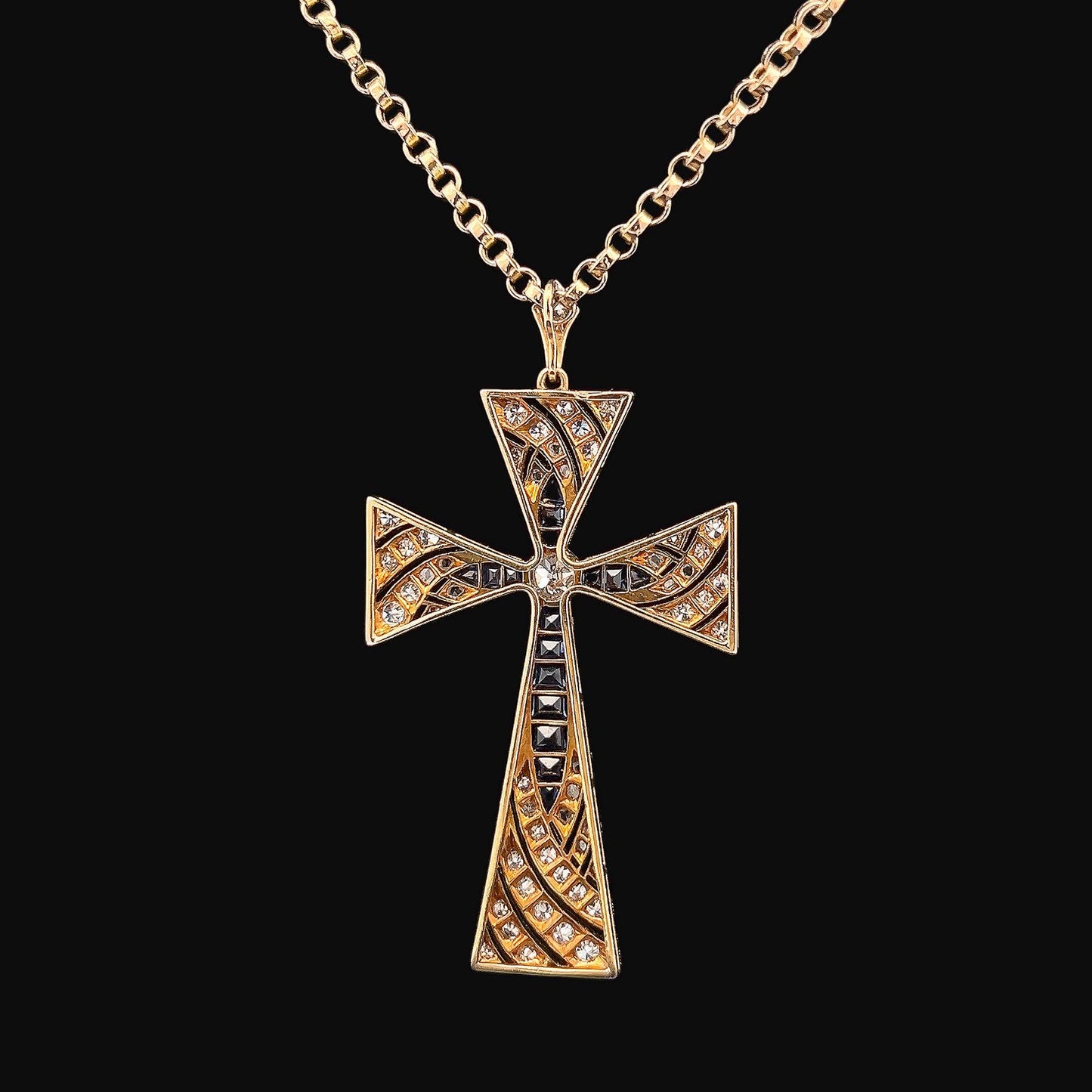 Beautiful Antique French Import Early 20th Century 18ct Gold & Platinum Cross, Diamonds and Calibre Sapphires. Cased. French C 1900.  5cm.
