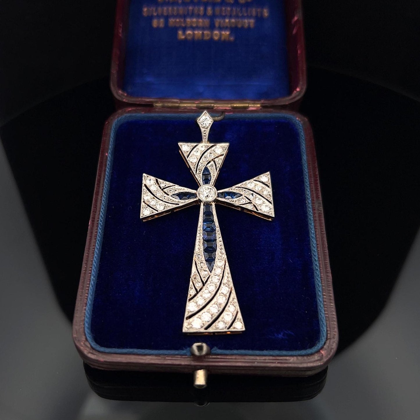 Beautiful Antique French Import Early 20th Century 18ct Gold & Platinum Cross, Diamonds and Calibre Sapphires. Cased. French C 1900.  5cm.