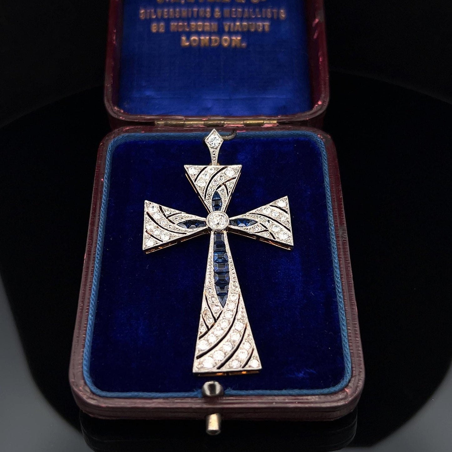 Beautiful Antique French Import Early 20th Century 18ct Gold & Platinum Cross, Diamonds and Calibre Sapphires. Cased. French C 1900.  5cm.