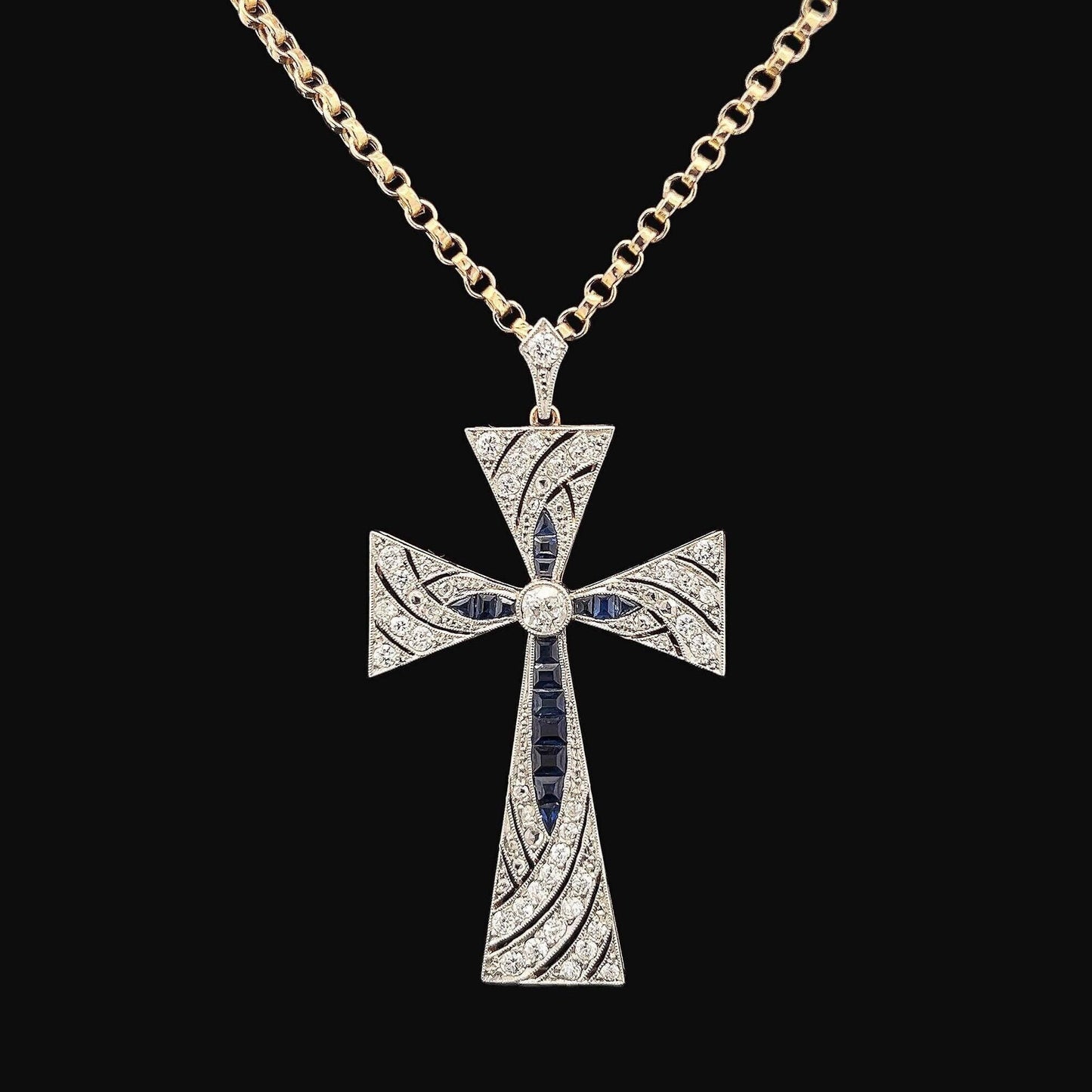 Beautiful Antique French Import Early 20th Century 18ct Gold & Platinum Cross, Diamonds and Calibre Sapphires. Cased. French C 1900.  5cm.