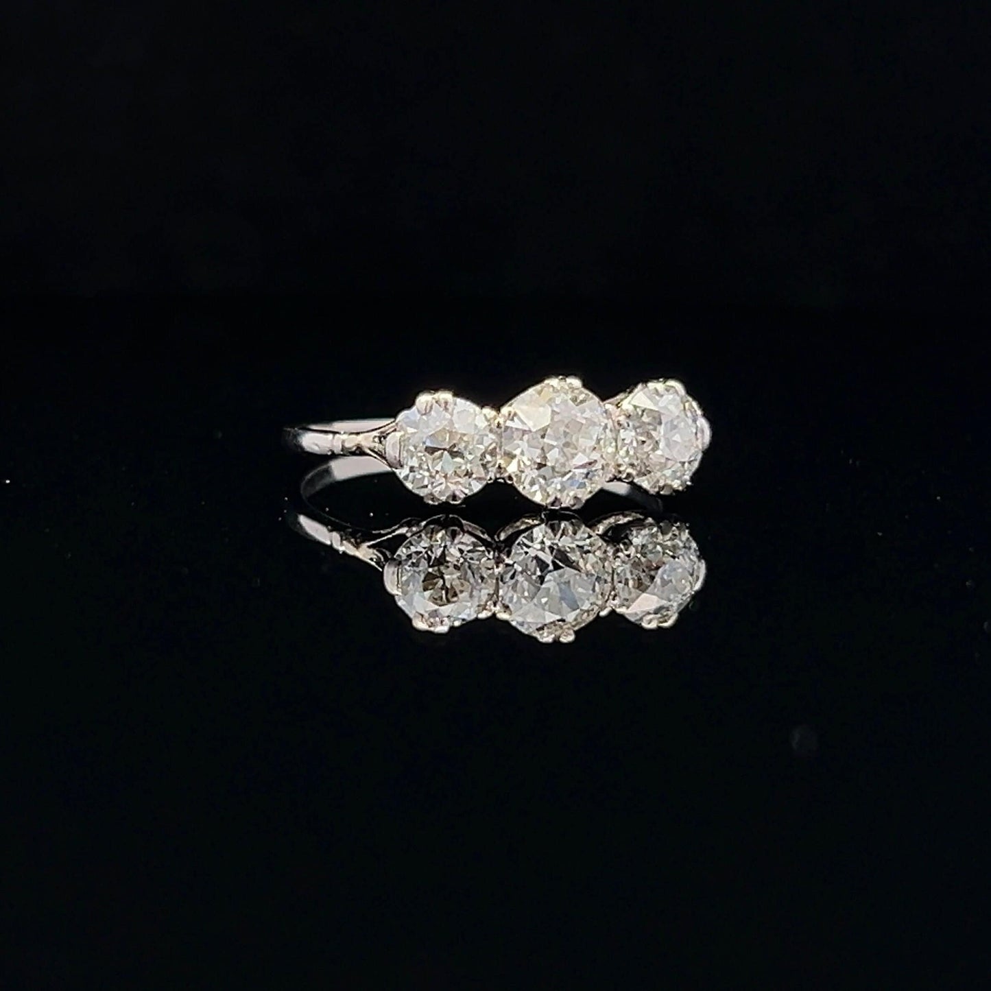 Antique Certificated 1.77 Carat Old European Cut Natural Diamond 3 Stone Platinum Ring. Diamond Trilogy Platinum Ring. English 1910- 1920.