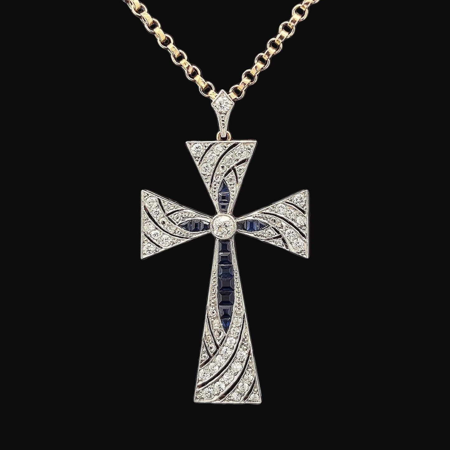 Beautiful Antique French Import Early 20th Century 18ct Gold & Platinum Cross, Diamonds and Calibre Sapphires. Cased. French C 1900.  5cm.