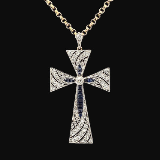 Beautiful Antique French Import Early 20th Century 18ct Gold & Platinum Cross, Diamonds and Calibre Sapphires. Cased. French C 1900.  5cm.