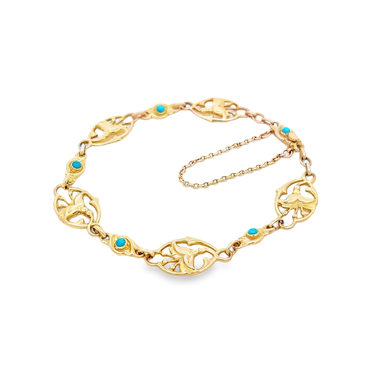 Antique Art Nouveau Turquoise Fuchsia 15ct Gold Bracelet. Circa 1910