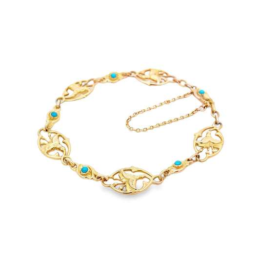 Antique Art Nouveau Turquoise Fuchsia 15ct Gold Bracelet. Circa 1910
