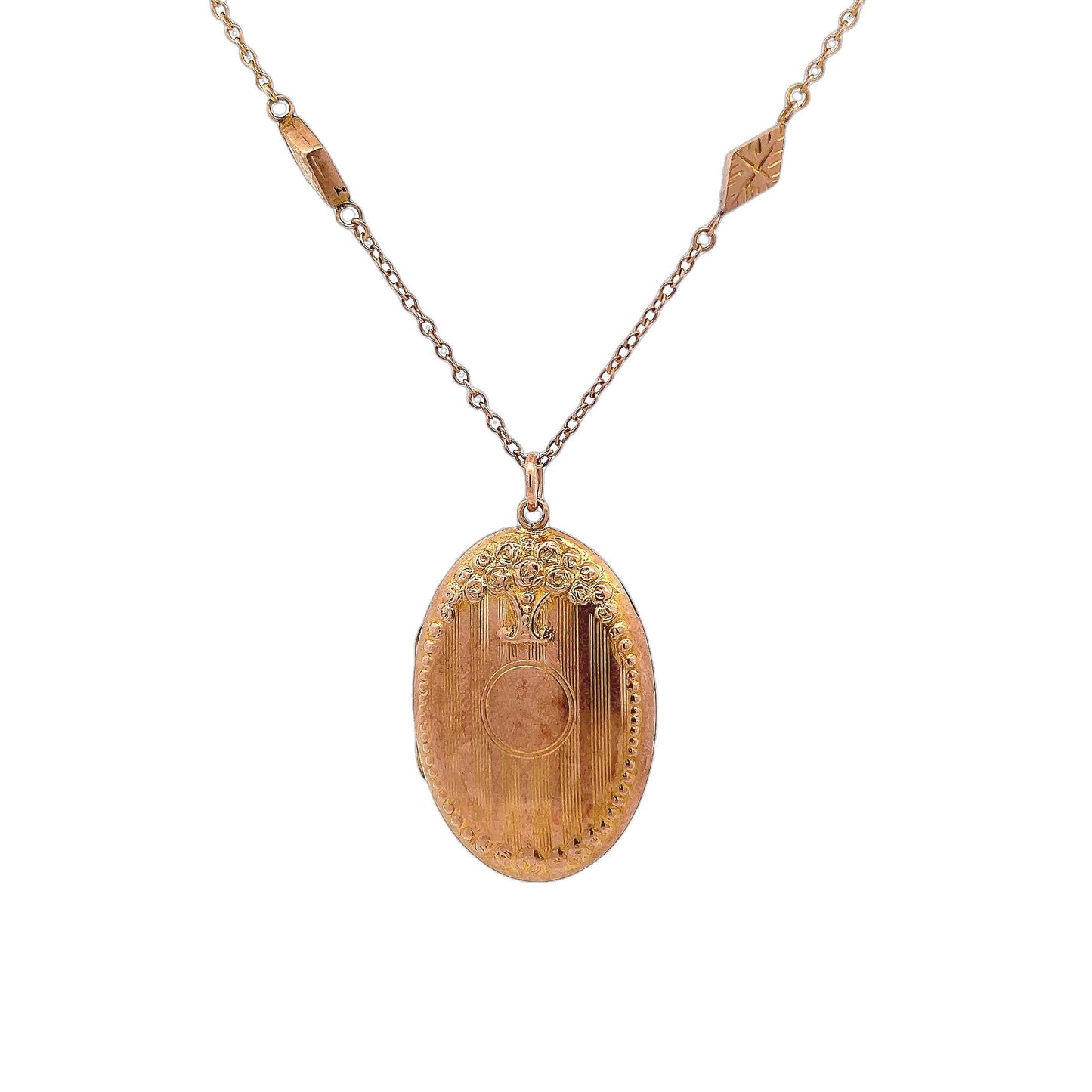 Antique Edwardian 9ct Rose Gold Floral Locket and Ornate 9ct Gold Chain with Engraved Lozenge Links. Dated Chester 1907