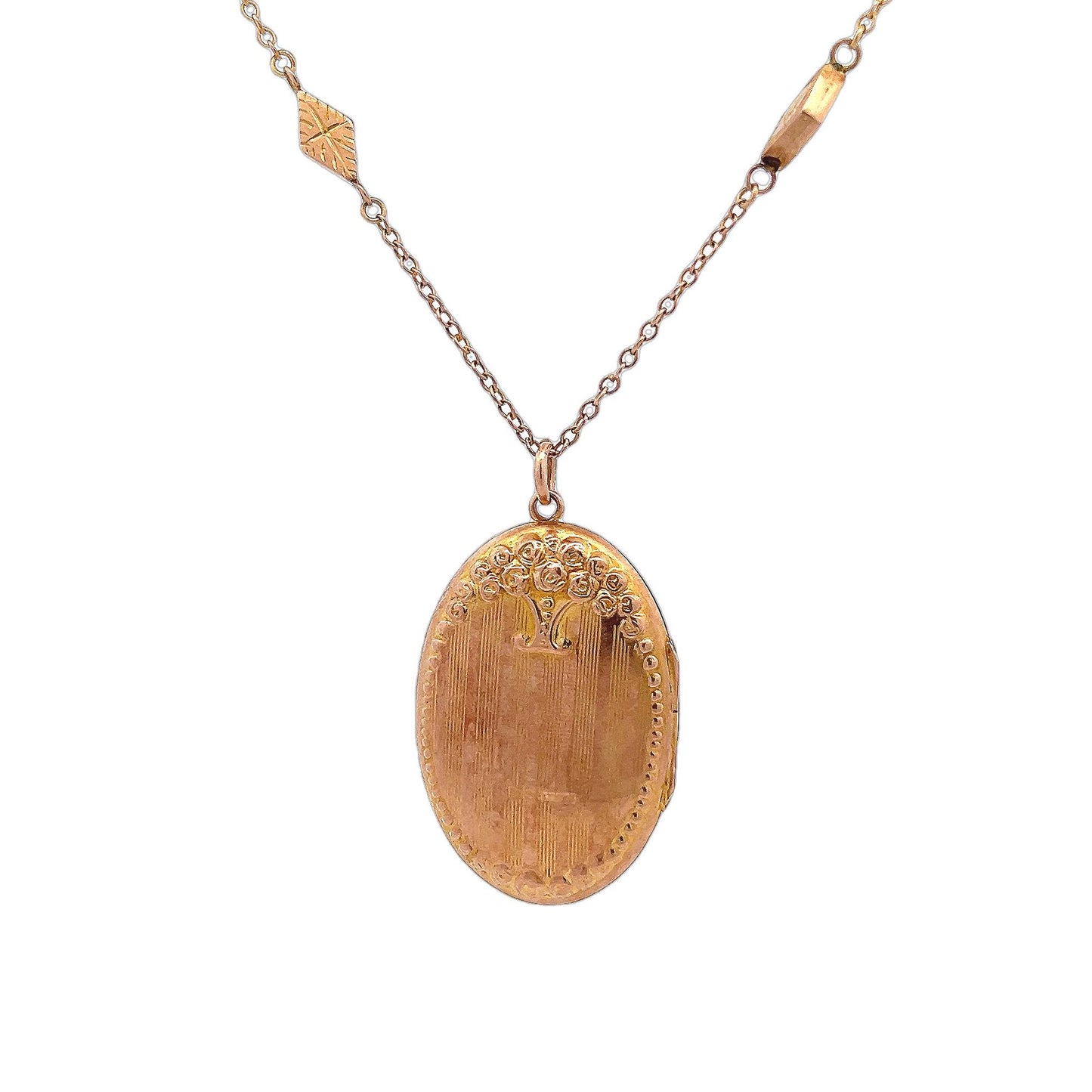 Antique Edwardian 9ct Rose Gold Floral Locket and Ornate 9ct Gold Chain with Engraved Lozenge Links. Dated Chester 1907