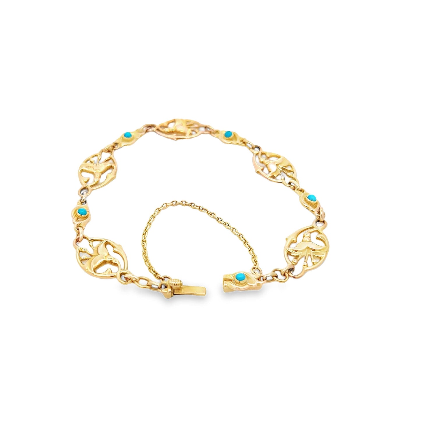 Antique Art Nouveau Turquoise Fuchsia 15ct Gold Bracelet. Circa 1910