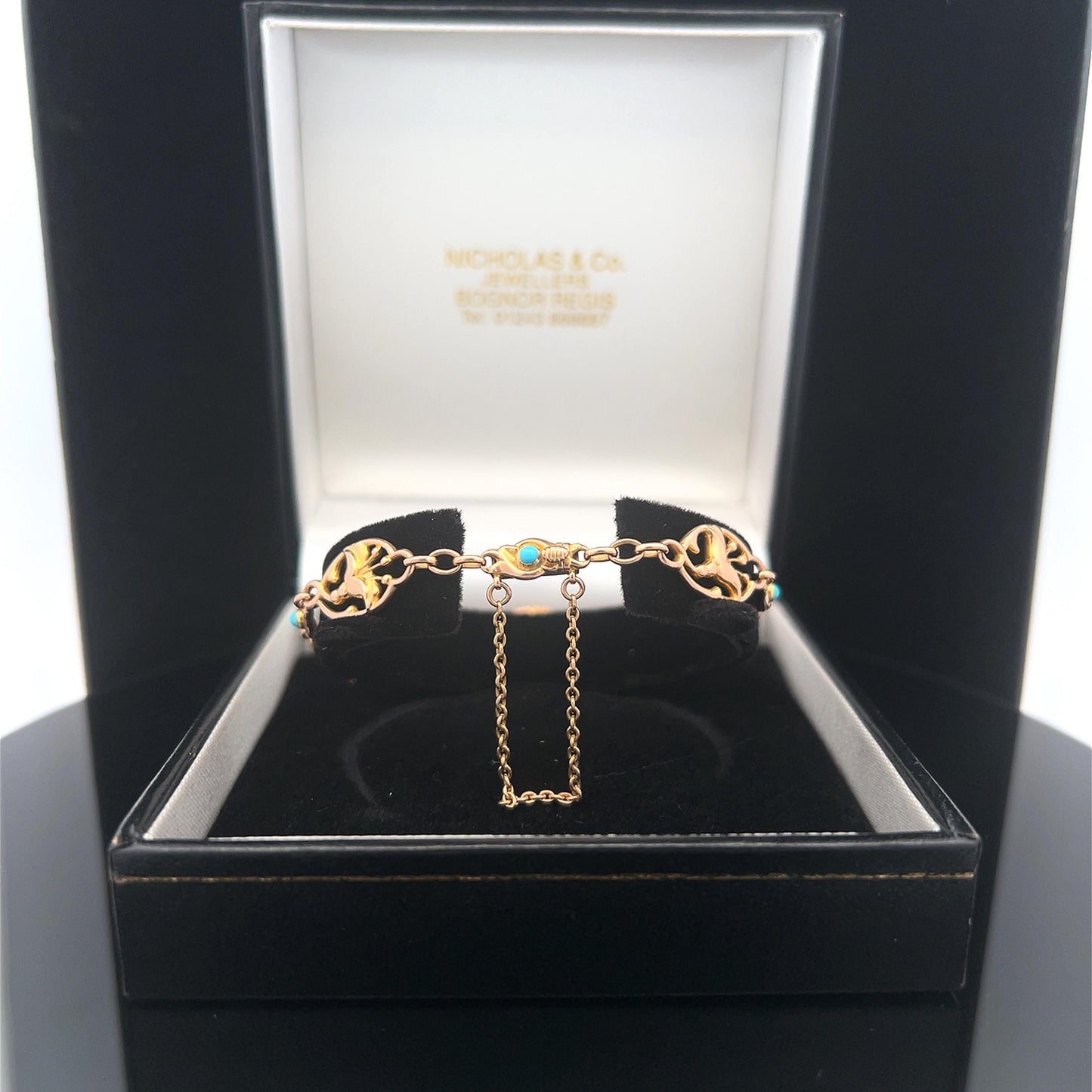 Antique Art Nouveau Turquoise Fuchsia 15ct Gold Bracelet. Circa 1910