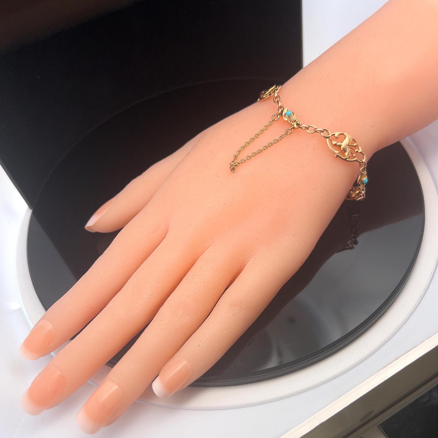 Antique Art Nouveau Turquoise Fuchsia 15ct Gold Bracelet. Circa 1910