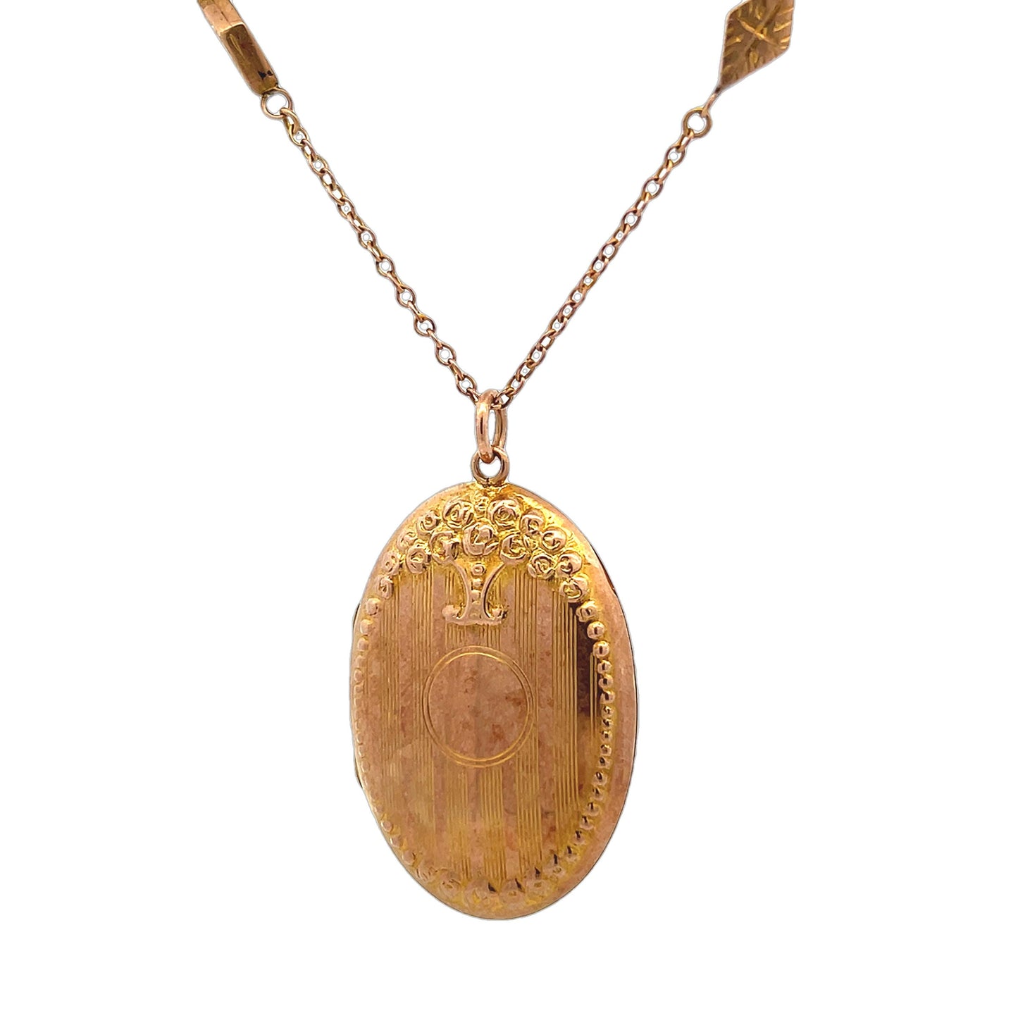 Antique Edwardian 9ct Rose Gold Floral Locket and Ornate 9ct Gold Chain with Engraved Lozenge Links. Dated Chester 1907