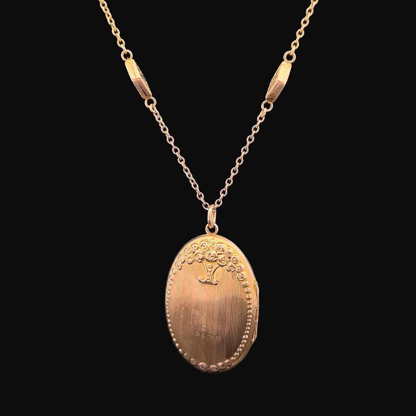 Antique Edwardian 9ct Rose Gold Floral Locket and Ornate 9ct Gold Chain with Engraved Lozenge Links. Dated Chester 1907