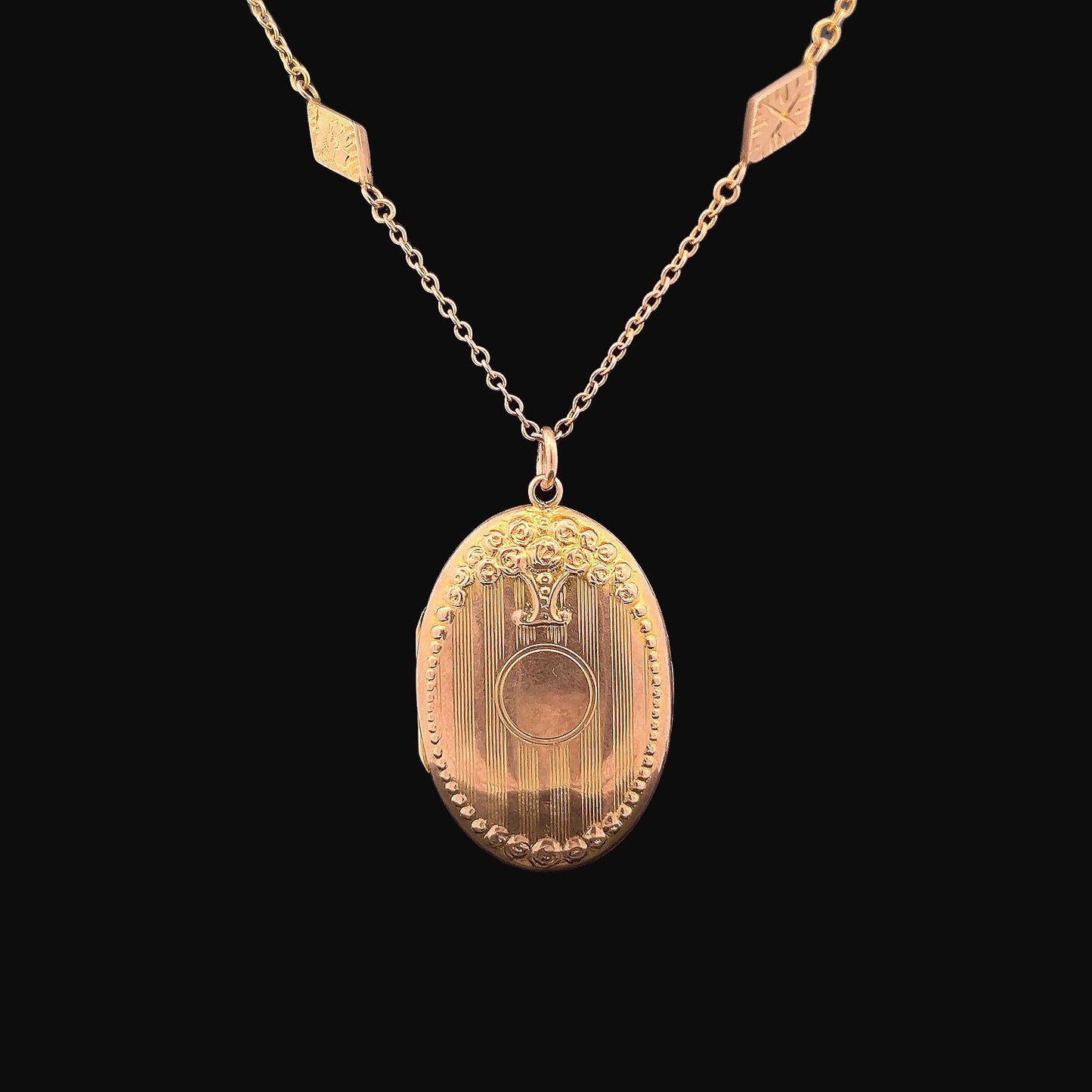 Antique Edwardian 9ct Rose Gold Floral Locket and Ornate 9ct Gold Chain with Engraved Lozenge Links. Dated Chester 1907