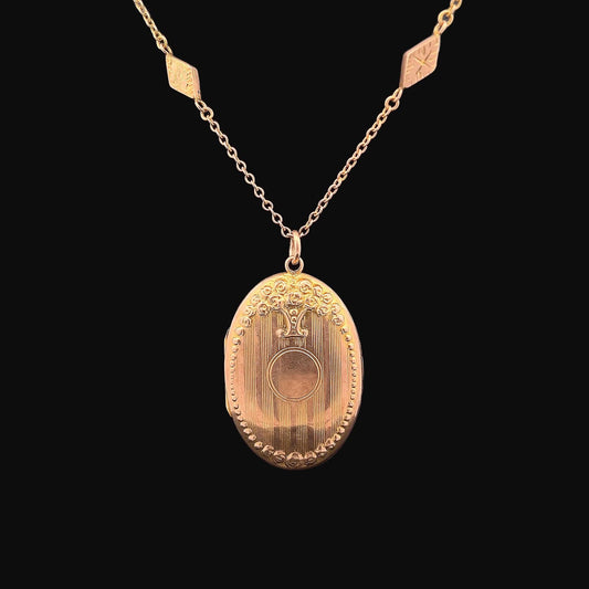 Antique Edwardian 9ct Rose Gold Floral Locket and Ornate 9ct Gold Chain with Engraved Lozenge Links. Dated Chester 1907