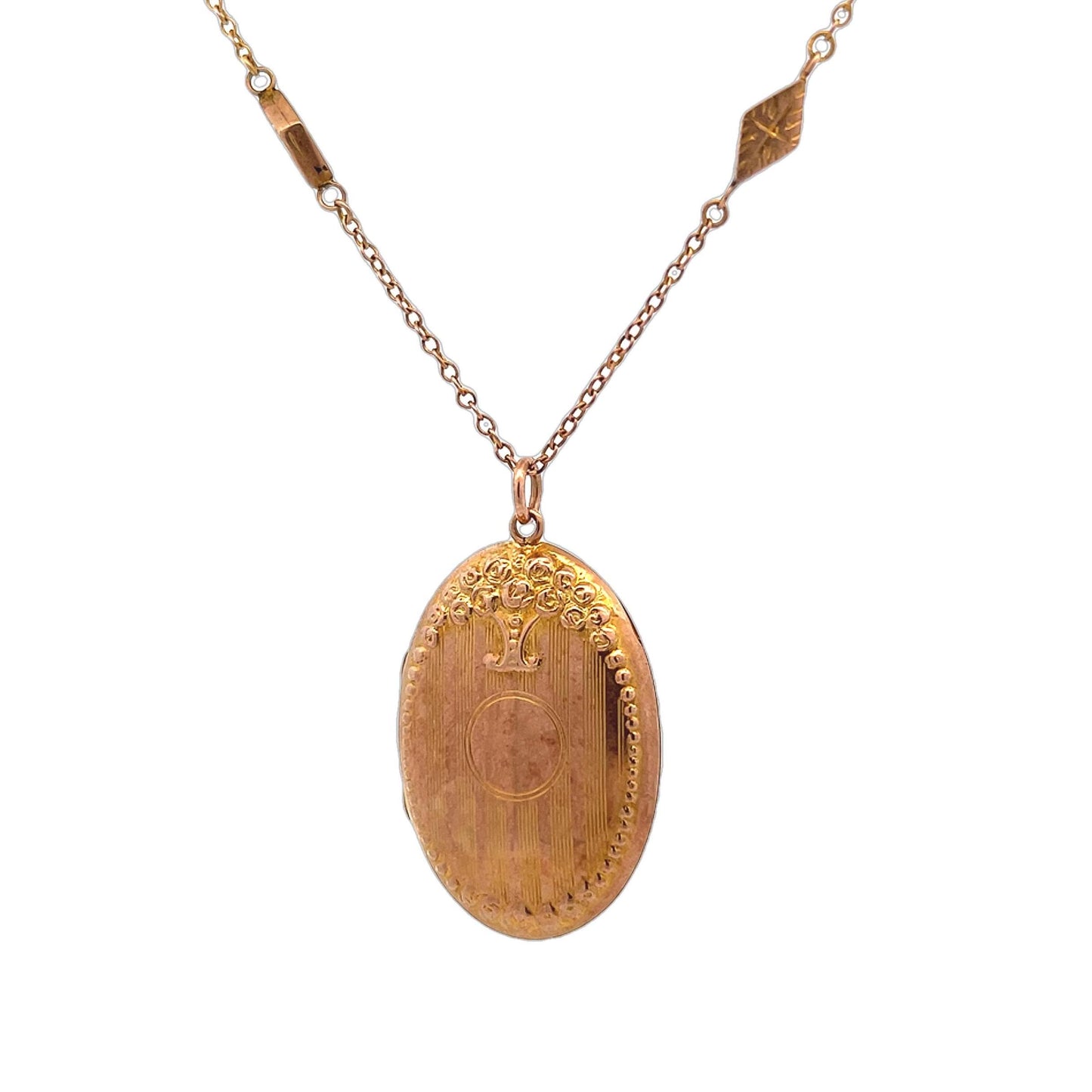 Antique Edwardian 9ct Rose Gold Floral Locket and Ornate 9ct Gold Chain with Engraved Lozenge Links. Dated Chester 1907