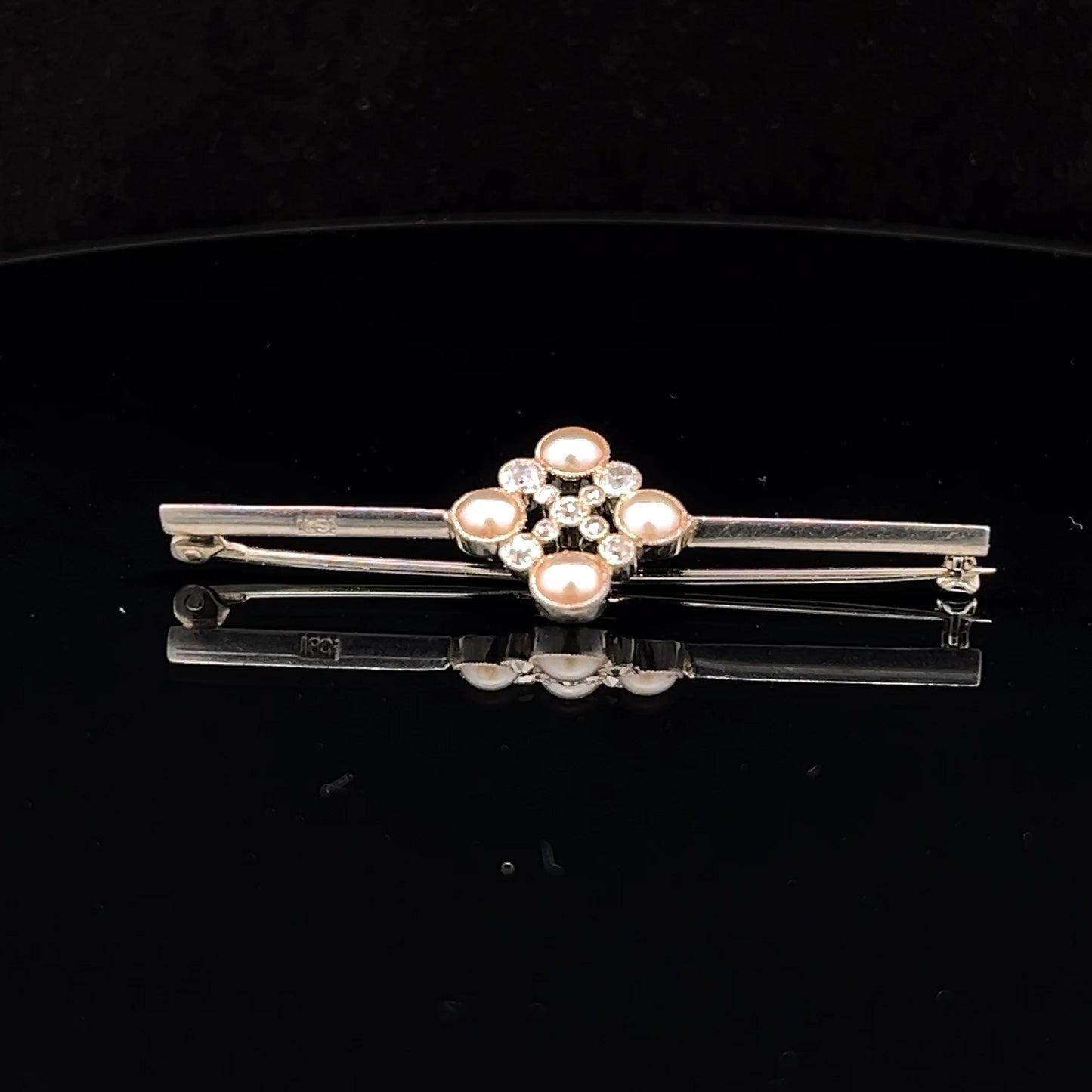 18ct White Gold, Old European Cut Diamond and Natural Split Pearl Brooch or Cravat Pin, Mappin and Webb, Original Case.