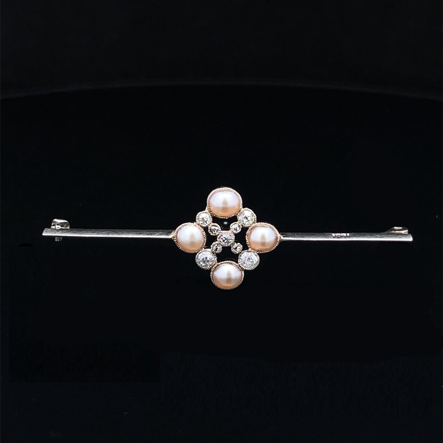 18ct White Gold, Old European Cut Diamond and Natural Split Pearl Brooch or Cravat Pin, Mappin and Webb, Original Case.