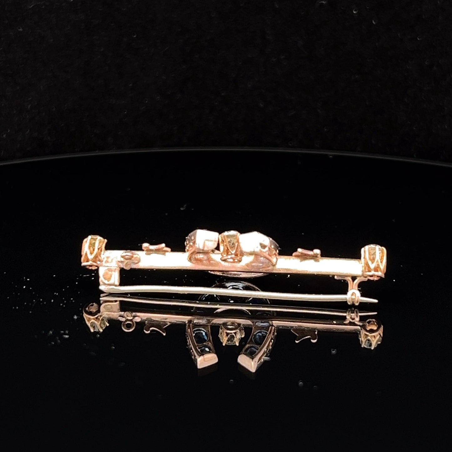Antique 15ct Sapphire and Diamond Horse Shoe Bar Brooch. English. Victorian Circa 1875. Original Case.