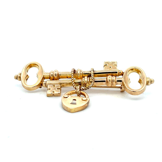 9ct Gold Antique Keys and Padlock Brooch Victorian. English C.1890.