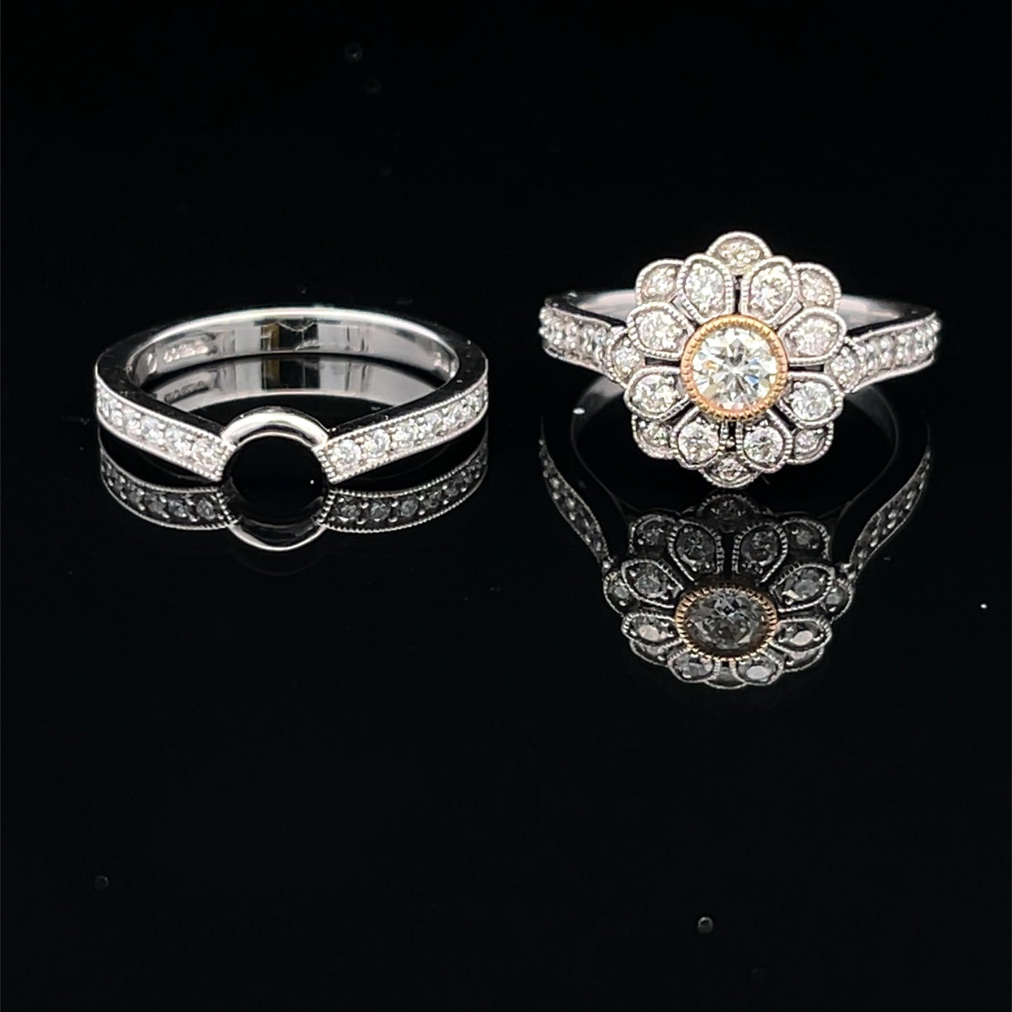 18ct White Gold Natural Diamond 'Daisy Cluster' Ring and 18ct Half Eternity/ Wedding Ring. Bridal Set. 0.75ct & 0.23ct. Pre-Owned Bargain.