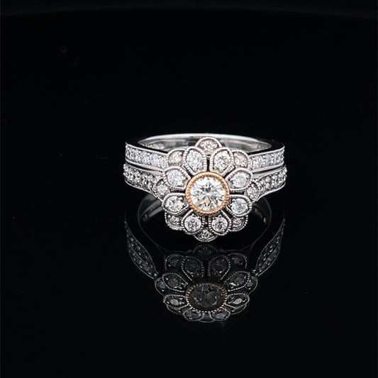 18ct White Gold Natural Diamond 'Daisy Cluster' Ring and 18ct Half Eternity/ Wedding Ring. Bridal Set. 0.75ct & 0.23ct. Pre-Owned Bargain.