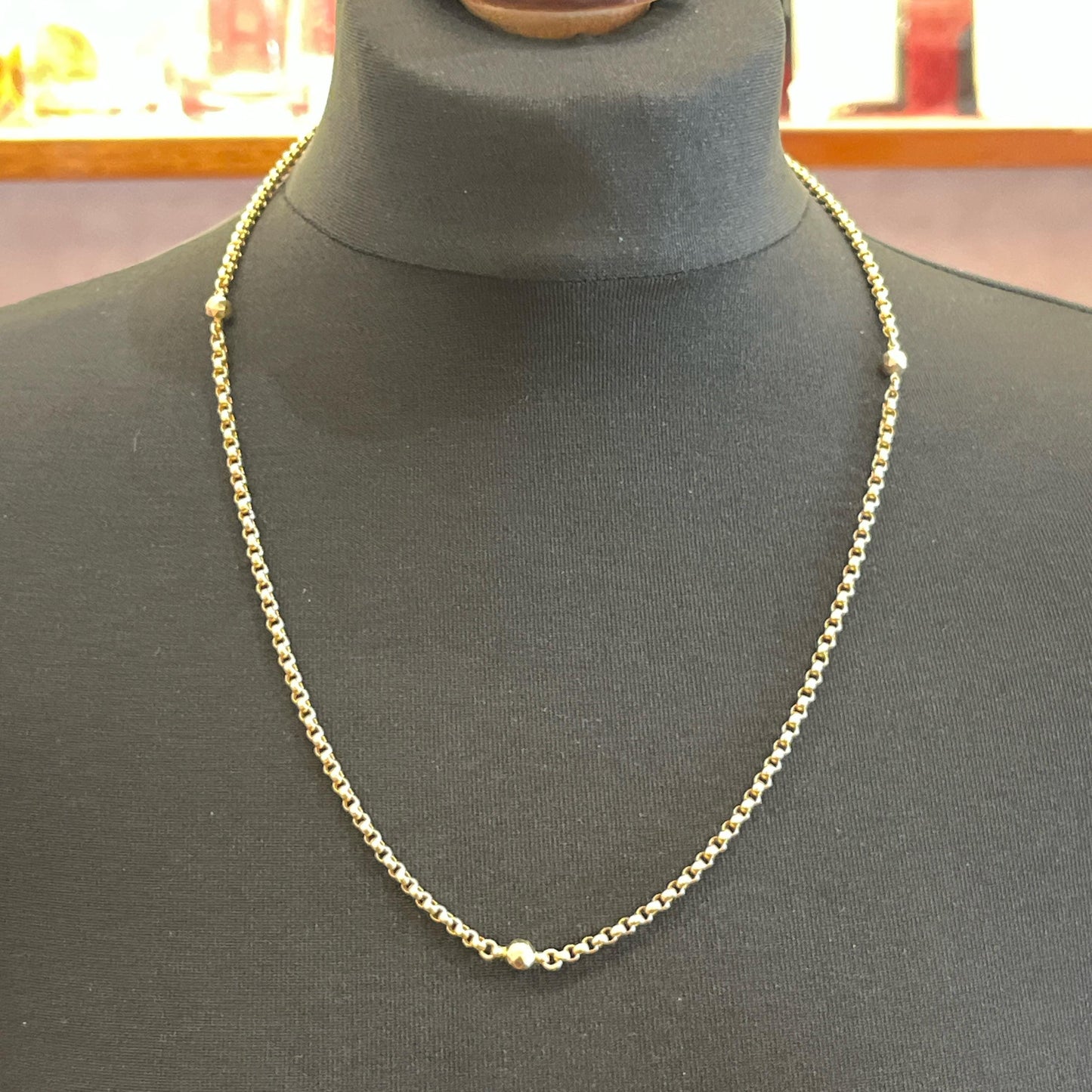 9ct Gold Edwardian Facetted Belcher Chain. English Circa 1900. Pretty Faceted Balls, 23 inches, 11.7g