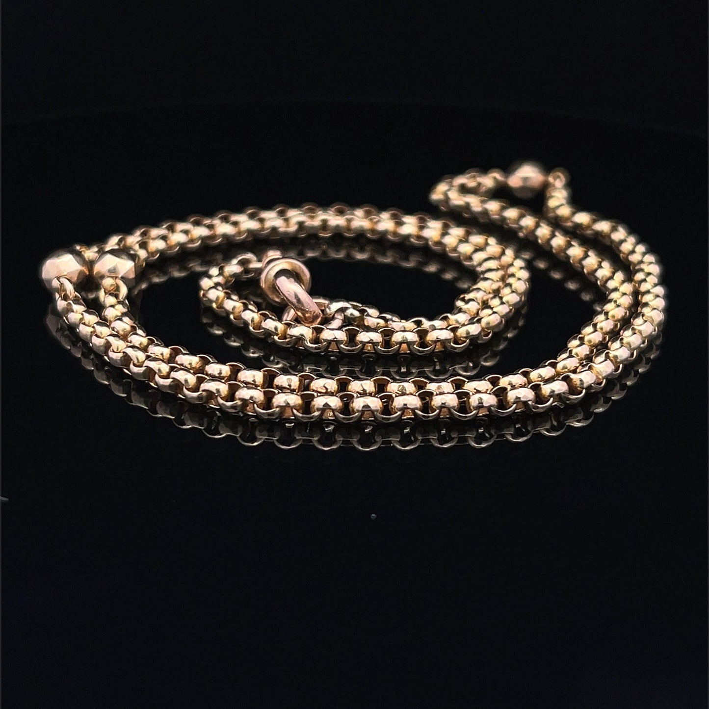9ct Gold Edwardian Facetted Belcher Chain. English Circa 1900. Pretty Faceted Balls, 23 inches, 11.7g