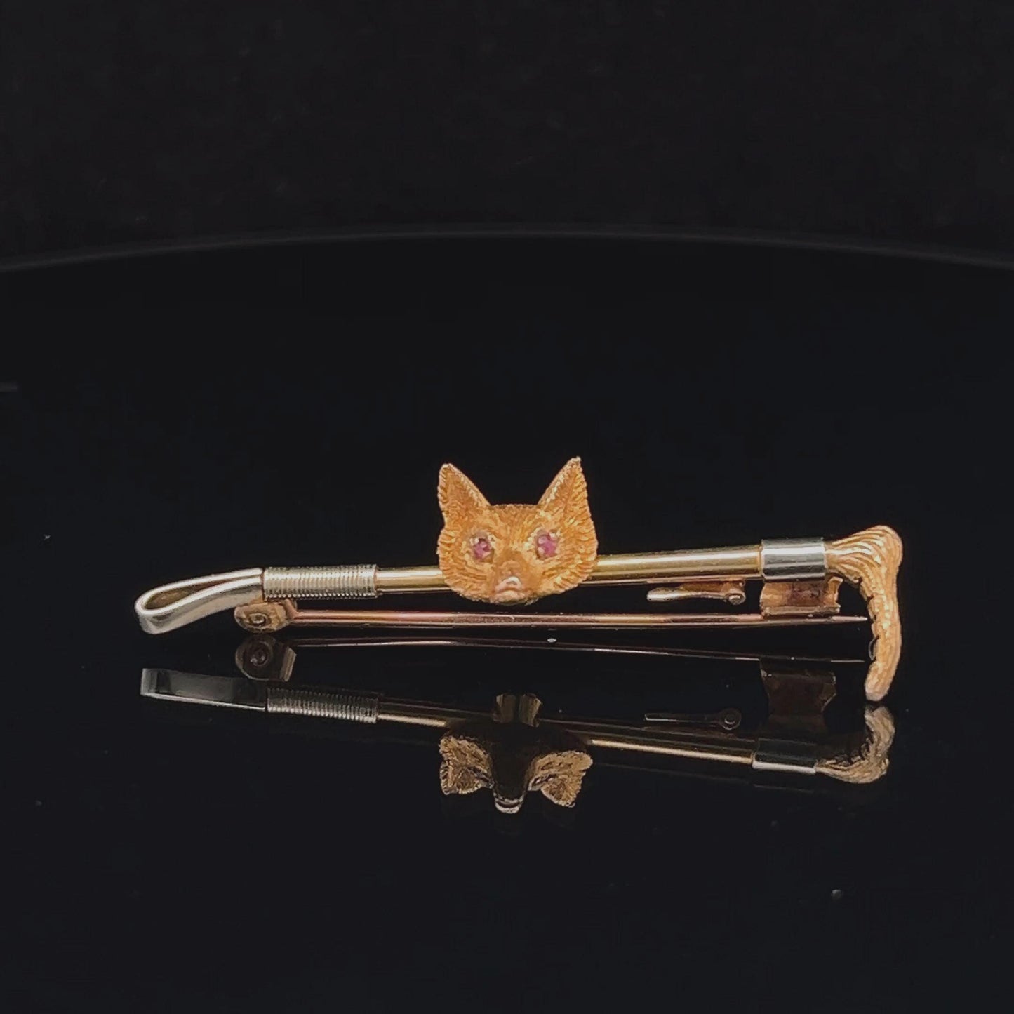 Antique 9ct Gold and Ruby Fox Bar Brooch / Cravat Pin.  English Circa 1910's / 1920's. Original Box.