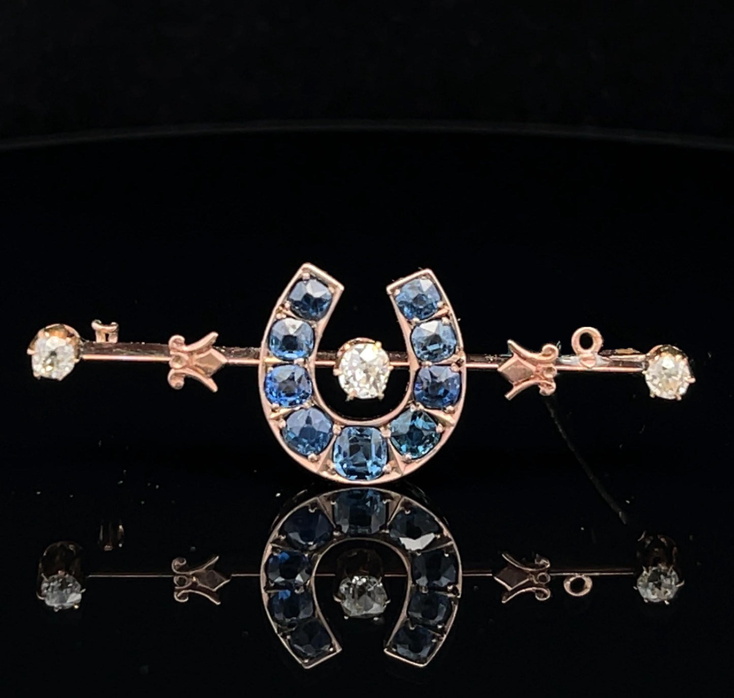 Antique 15ct Sapphire and Diamond Horse Shoe Bar Brooch. English. Victorian Circa 1875. Original Case.