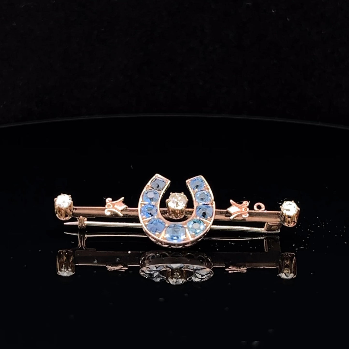 Antique 15ct Sapphire and Diamond Horse Shoe Bar Brooch. English. Victorian Circa 1875. Original Case.