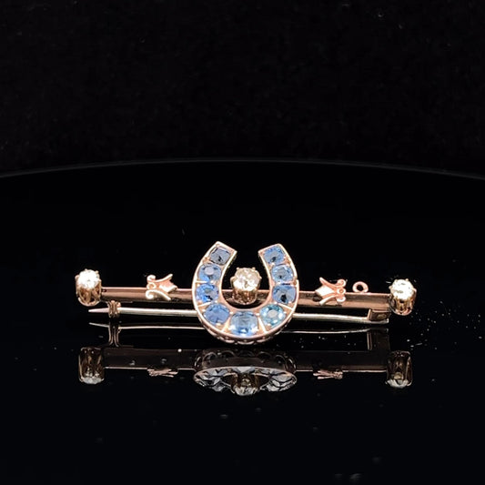 Antique 15ct Sapphire and Diamond Horse Shoe Bar Brooch. English. Victorian Circa 1875. Original Case.
