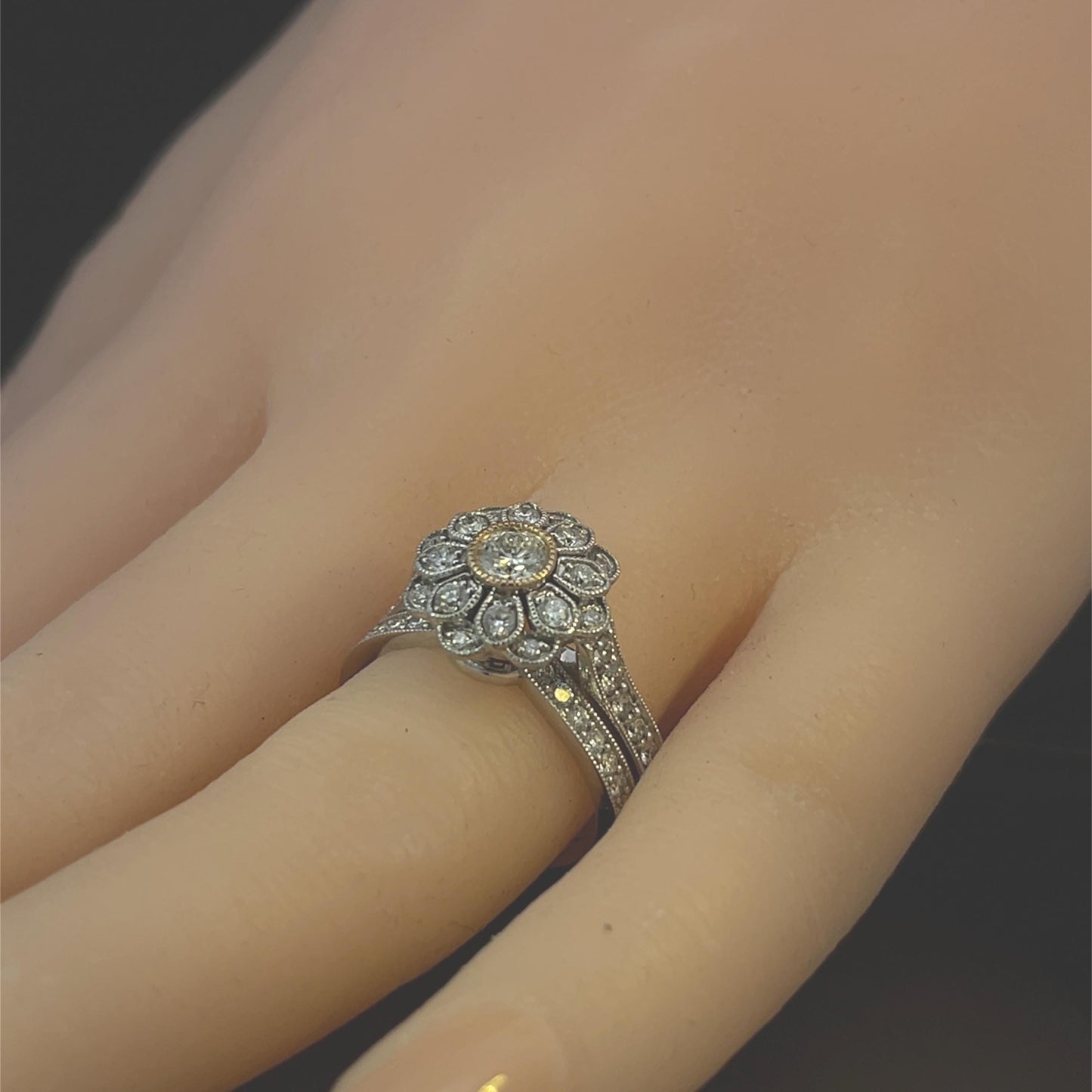 18ct White Gold Natural Diamond 'Daisy Cluster' Ring and 18ct Half Eternity/ Wedding Ring. Bridal Set. 0.75ct & 0.23ct. Pre-Owned Bargain.