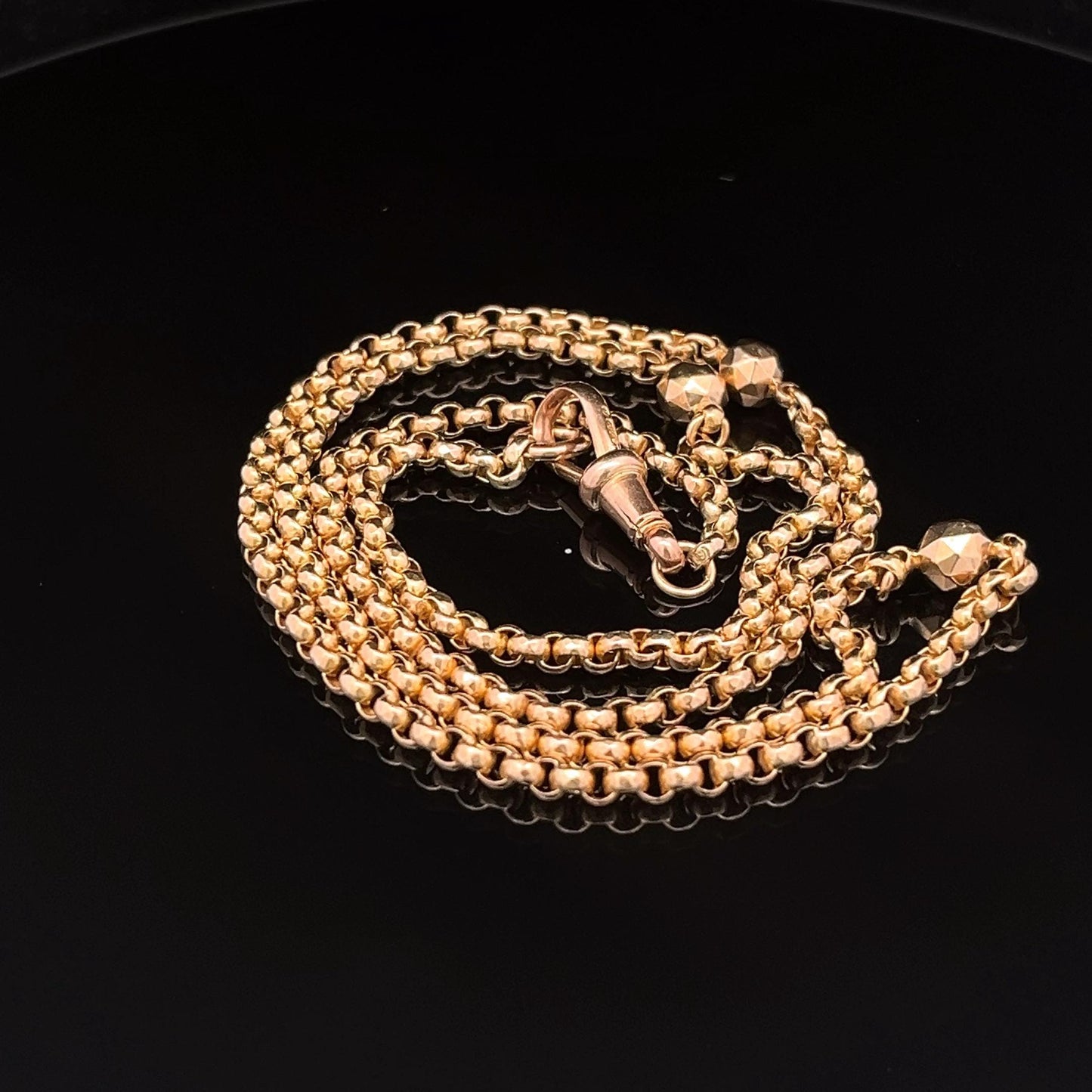 9ct Gold Edwardian Facetted Belcher Chain. English Circa 1900. Pretty Faceted Balls, 23 inches, 11.7g