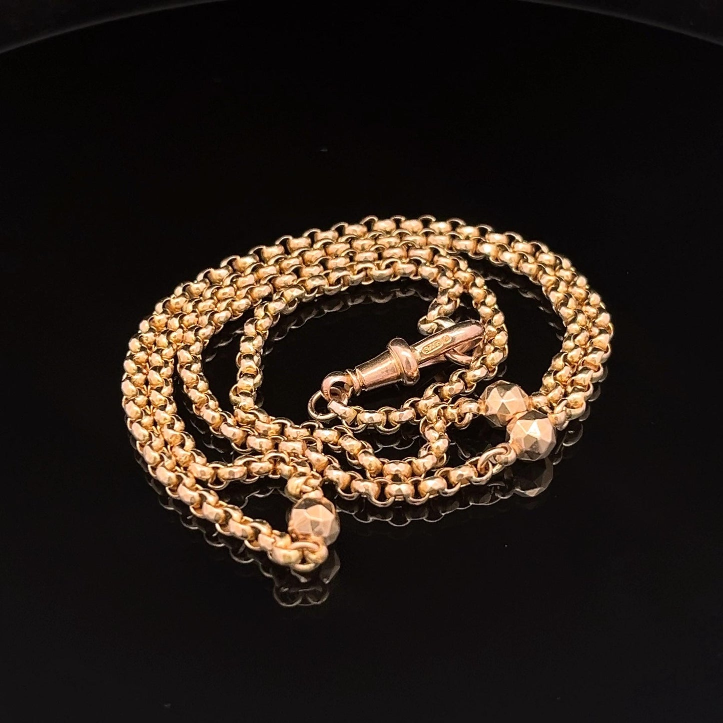 9ct Gold Edwardian Facetted Belcher Chain. English Circa 1900. Pretty Faceted Balls, 23 inches, 11.7g
