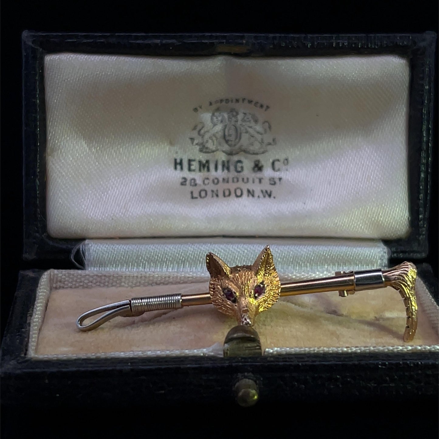 Antique 9ct Gold and Ruby Fox Bar Brooch / Cravat Pin.  English Circa 1910's / 1920's. Original Box.