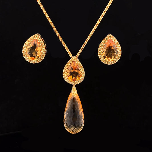 18ct Citrine and Yellow Sapphire Pear and Briolette Pendant and Earring Set. Pre-Loved Bargain.