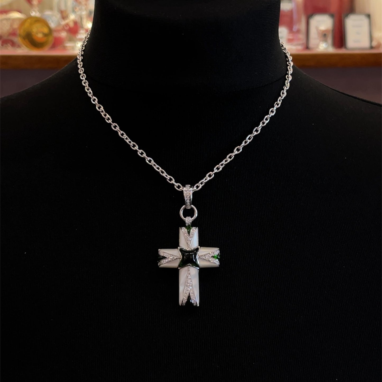 18ct White Gold Mappin and Webb, Tourmaline and Mother of Pearl Diamond Set Cross. Large Size. (CHAIN NOT INCLUDED).