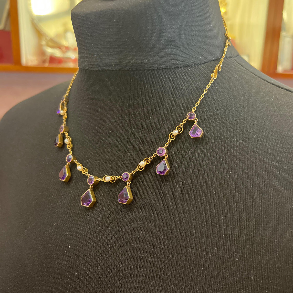 Stunning Antique 15ct Gold, Amethyst and Pearl Necklace English C.1900. Unusual Design.