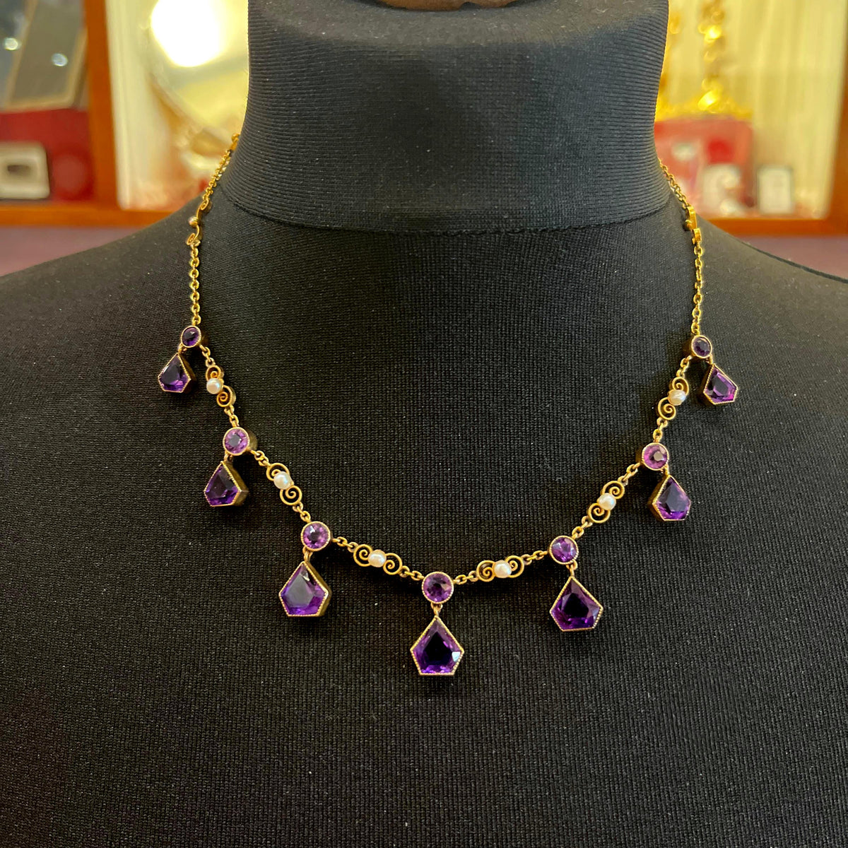 Stunning Antique 15ct Gold, Amethyst and Pearl Necklace English C.1900. Unusual Design.