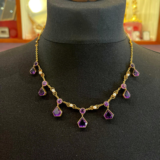 Stunning Antique 15ct Gold, Amethyst and Pearl Necklace English C.1900. Unusual Design.