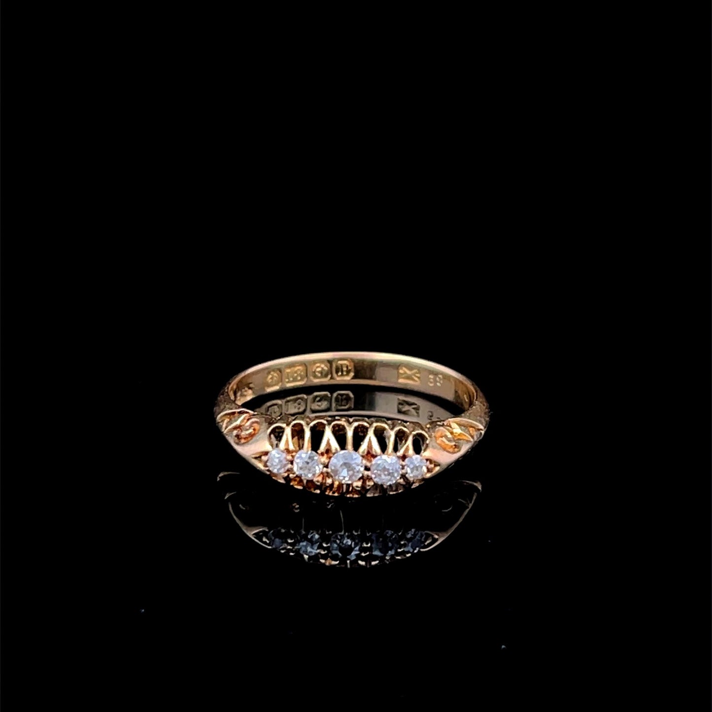Antique 5 Stone Diamond Ring. 18ct Gold Carved Ring. Victorian. English. Hallmarked 1864.